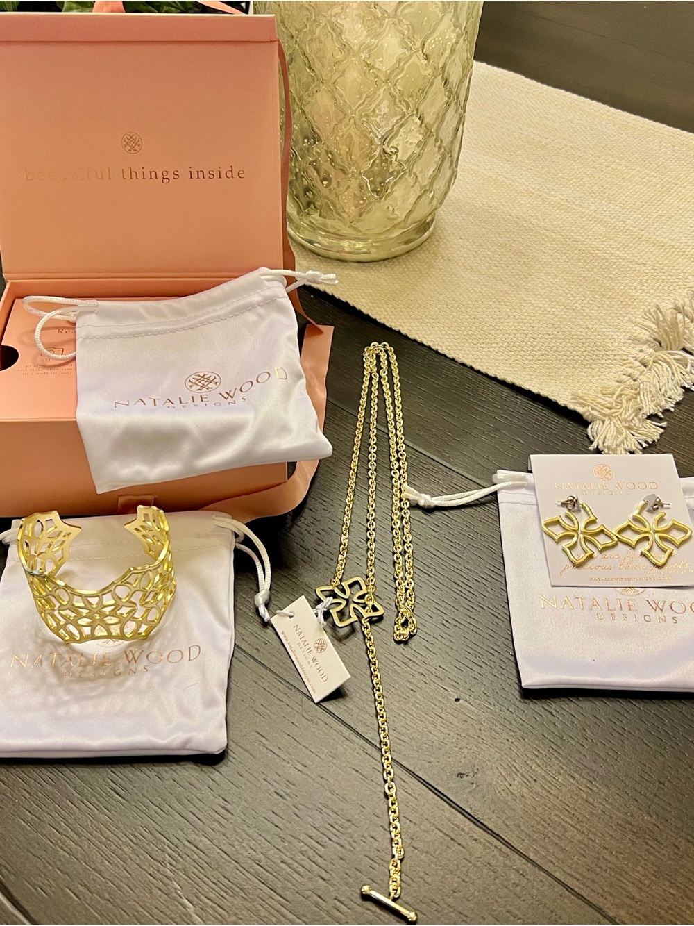Natalie Wood Designs Gold Believer Bracelet Cuff, Grace Necklace & Earrings Set